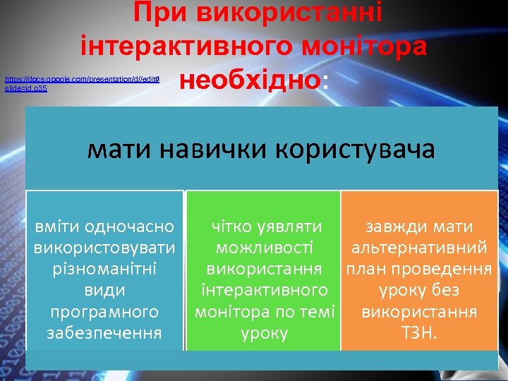 При використанні інтерактивного монітора необхідно: https: //docs. google. com/presentation/d//edit# slide=id. p 35 мати навички