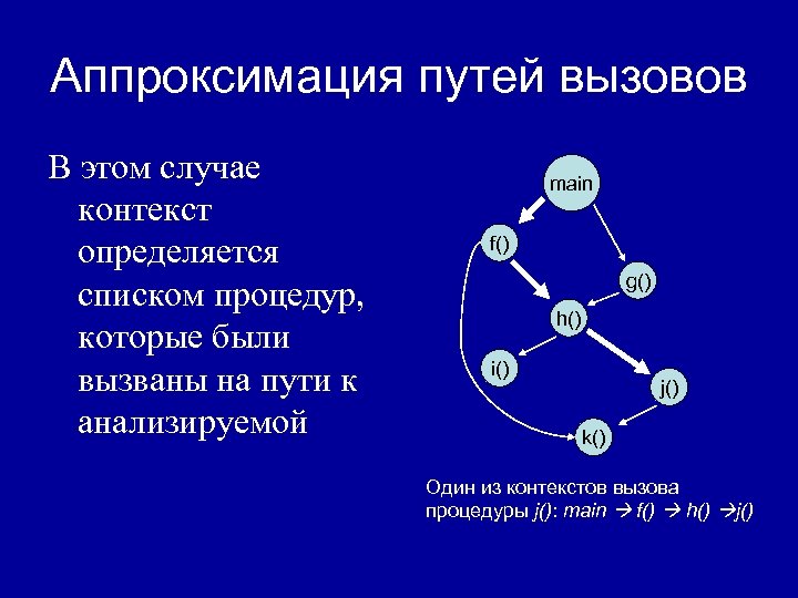 Аппроксимация путей вызовов В этом случае контекст определяется списком процедур, которые были вызваны на