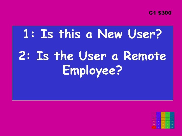C 1 $300 1: Is this a New User? 2: Is the User a