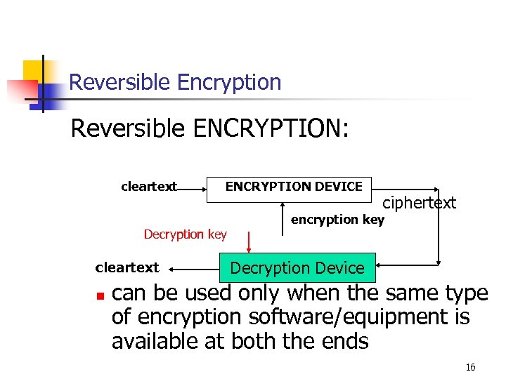 Reversible Encryption Reversible ENCRYPTION: cleartext ENCRYPTION DEVICE Decryption key cleartext n ciphertext encryption key