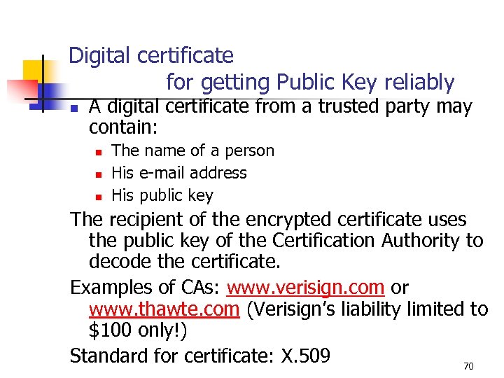 Digital certificate for getting Public Key reliably n A digital certificate from a trusted