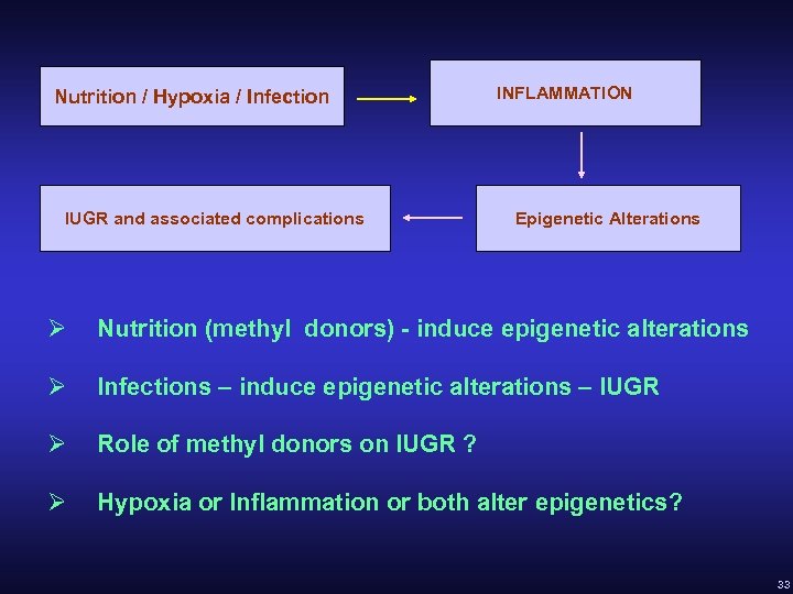 Nutrition / Hypoxia / Infection IUGR and associated complications INFLAMMATION Epigenetic Alterations Ø Nutrition