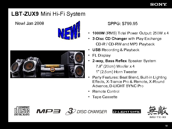 LBT-ZUX 9 Mini Hi-Fi System New! Jan 2008 SPPG: $799. 95 • 1000 W