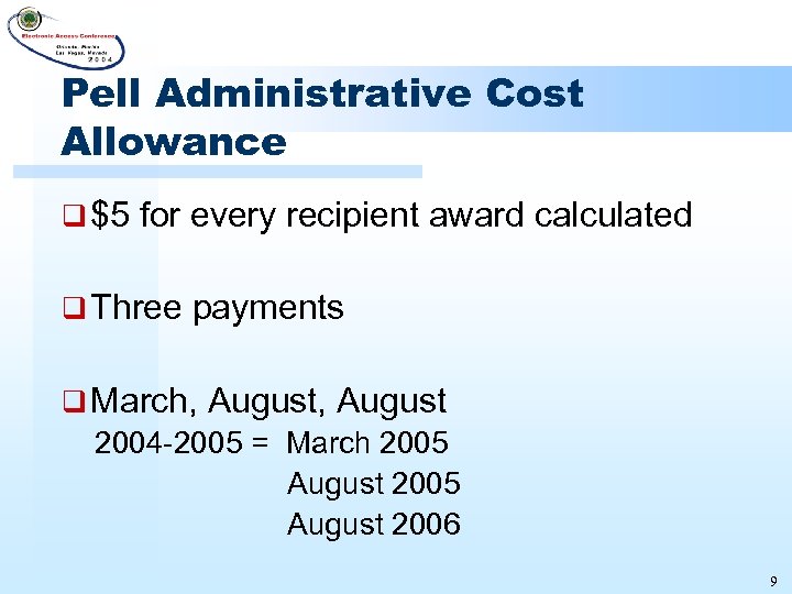 Pell Administrative Cost Allowance q $5 for every recipient award calculated q Three payments