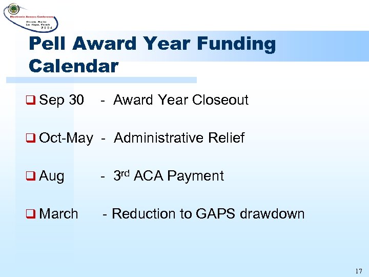 Pell Award Year Funding Calendar q Sep 30 - Award Year Closeout q Oct-May