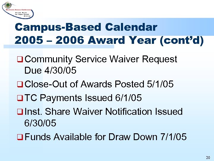 Campus-Based Calendar 2005 – 2006 Award Year (cont’d) q Community Service Waiver Request Due