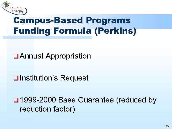 Campus-Based Programs Funding Formula (Perkins) q Annual Appropriation q Institution’s Request q 1999 -2000