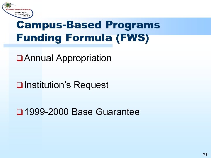 Campus-Based Programs Funding Formula (FWS) q Annual Appropriation q Institution’s Request q 1999 -2000