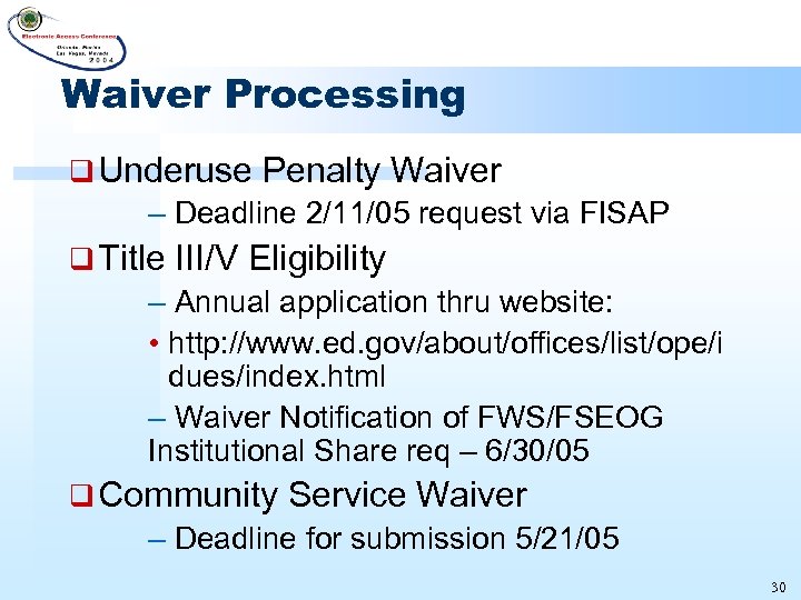 Waiver Processing q Underuse Penalty Waiver – Deadline 2/11/05 request via FISAP q Title