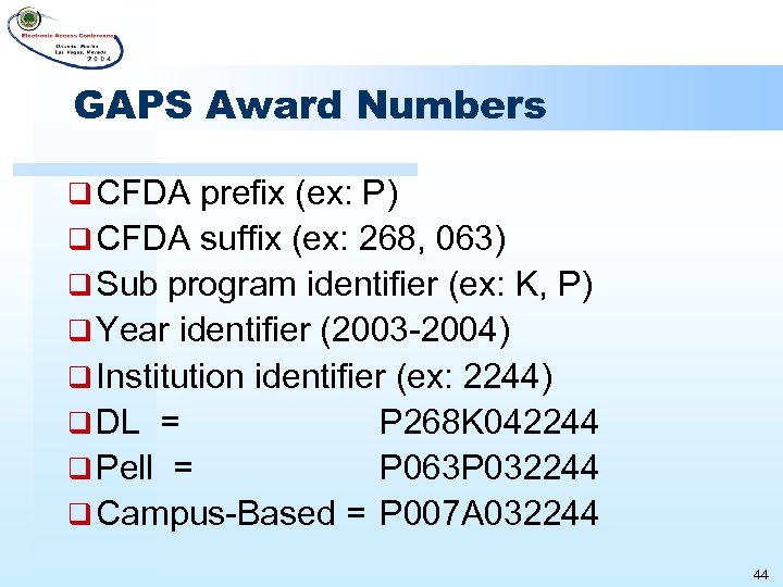 GAPS Award Numbers q CFDA prefix (ex: P) q CFDA suffix (ex: 268, 063)