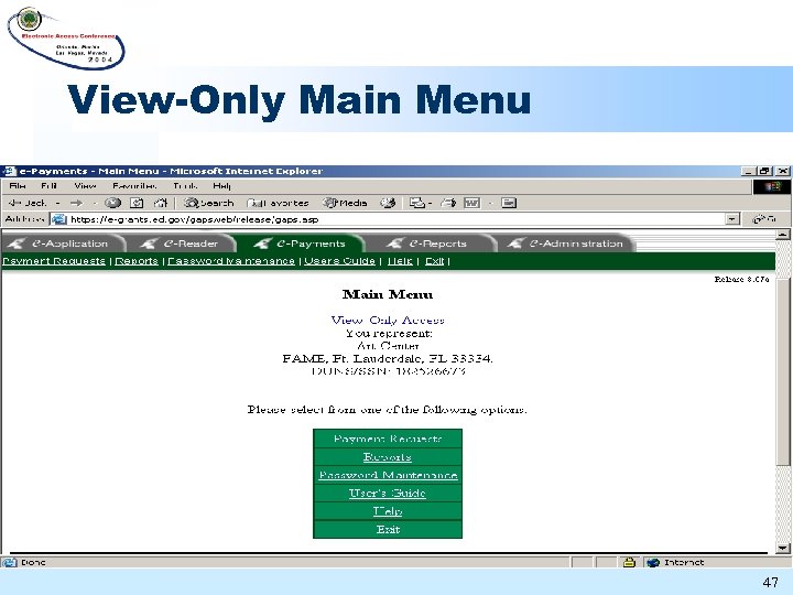 View-Only Main Menu 47 