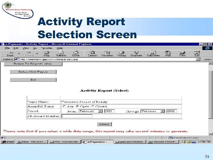 Activity Report Selection Screen 53 