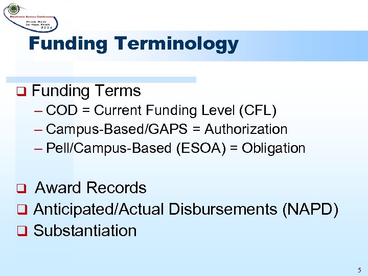 Funding Terminology q Funding Terms – COD = Current Funding Level (CFL) – Campus-Based/GAPS