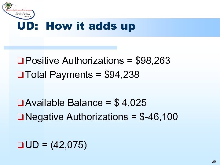 UD: How it adds up q Positive Authorizations = $98, 263 q Total Payments