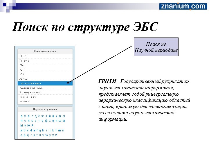 Поиск по структуре ЭБС Поиск по Научной периодике ГРНТИ - Государственный рубрикатор научно-технической информации,