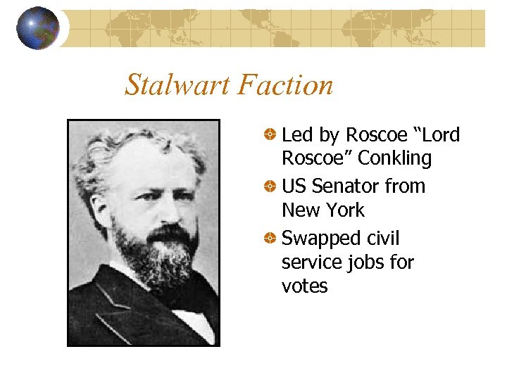 Stalwart Faction Led by Roscoe “Lord Roscoe” Conkling US Senator from New York Swapped