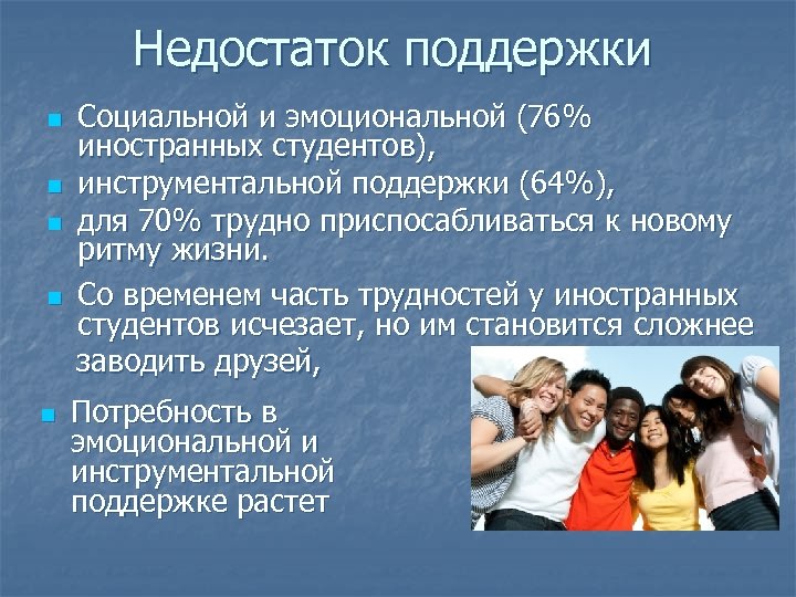 Недостаток поддержки n n n Социальной и эмоциональной (76% иностранных студентов), инструментальной поддержки (64%),