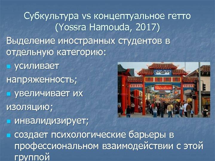 Субкультура vs концептуальное гетто (Yossra Hamouda, 2017) Выделение иностранных студентов в отдельную категорию: n