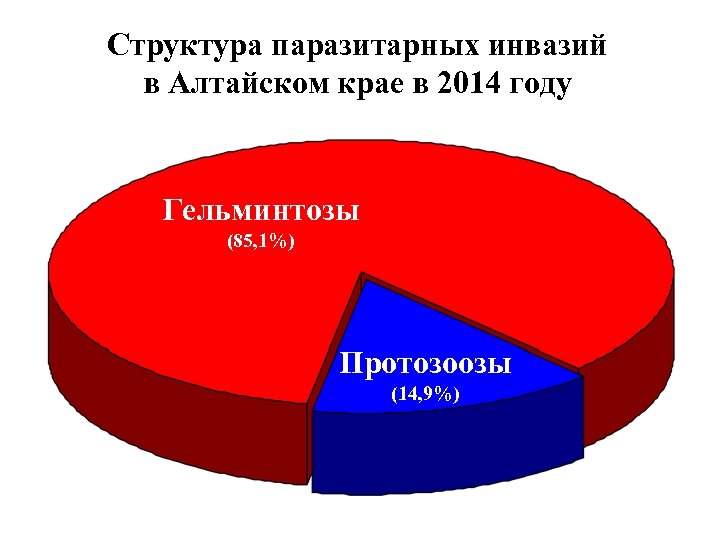 Структура паразитарных инвазий в Алтайском крае в 2014 году Гельминтозы (85, 1%) Протозоозы (14,