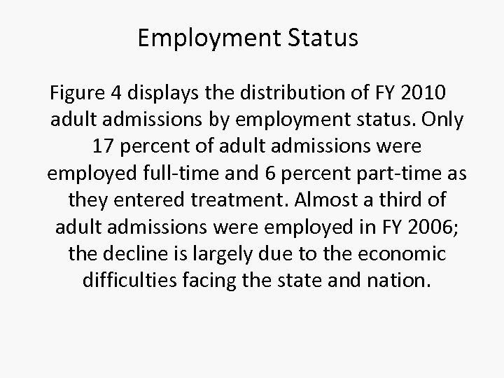 Employment Status Figure 4 displays the distribution of FY 2010 adult admissions by employment
