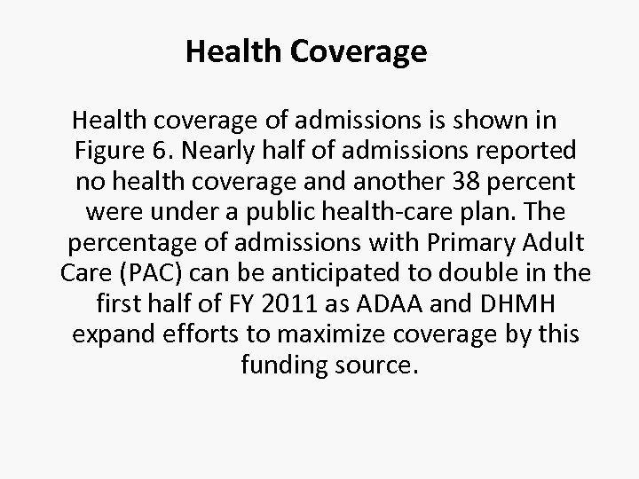 Health Coverage Health coverage of admissions is shown in Figure 6. Nearly half of