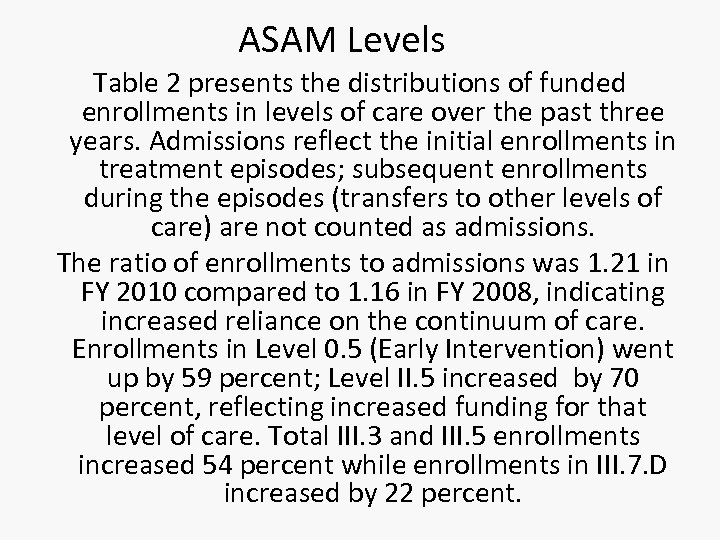 ASAM Levels Table 2 presents the distributions of funded enrollments in levels of care