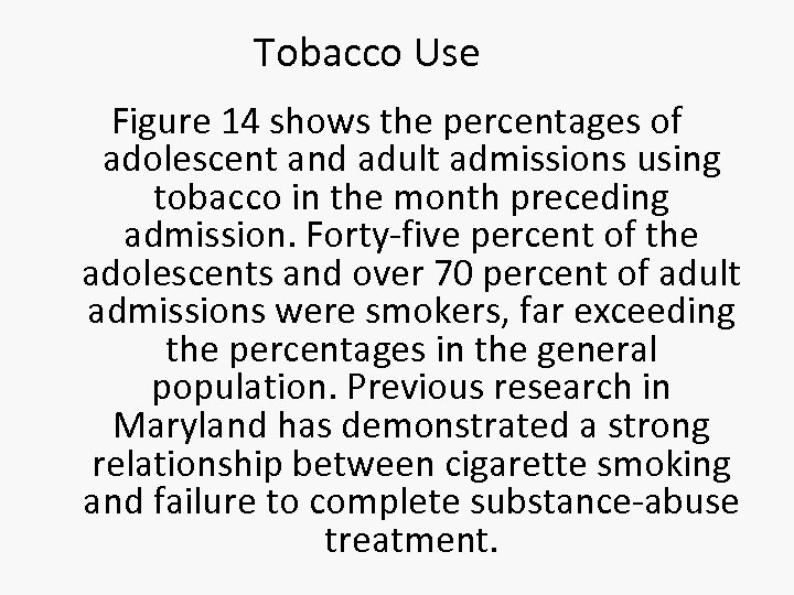 Tobacco Use Figure 14 shows the percentages of adolescent and adult admissions using tobacco