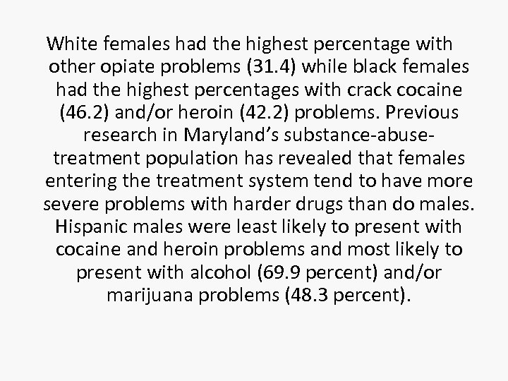 White females had the highest percentage with other opiate problems (31. 4) while black