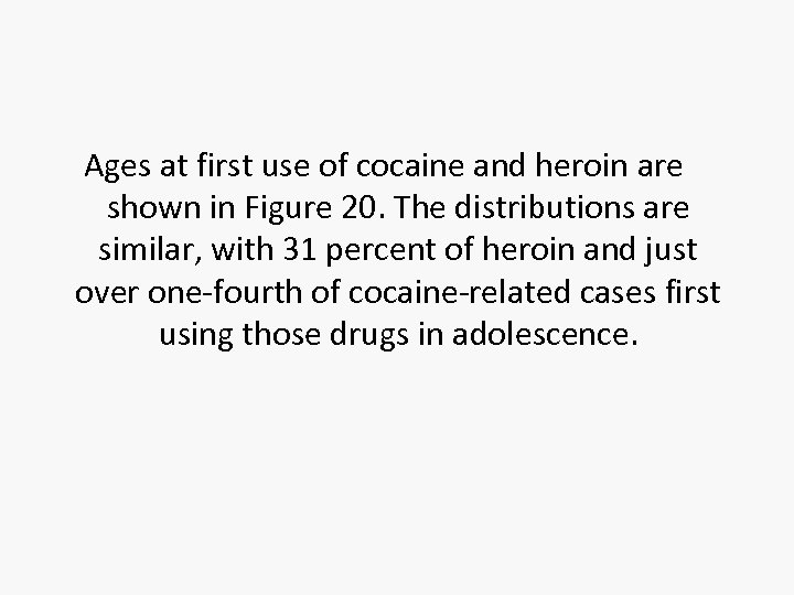 Ages at first use of cocaine and heroin are shown in Figure 20. The