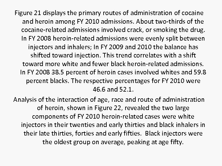 Figure 21 displays the primary routes of administration of cocaine and heroin among FY