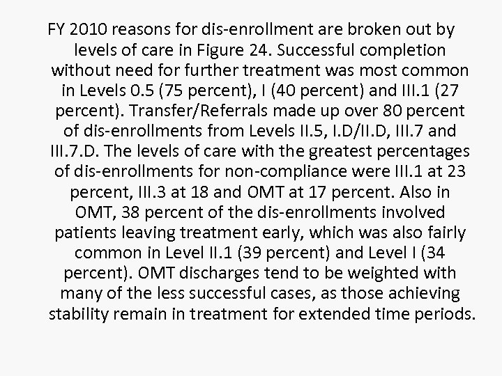 FY 2010 reasons for dis-enrollment are broken out by levels of care in Figure