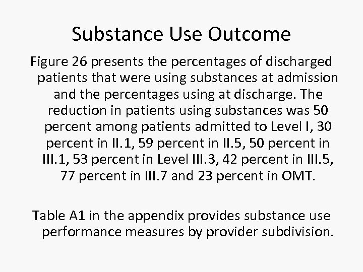 Substance Use Outcome Figure 26 presents the percentages of discharged patients that were using