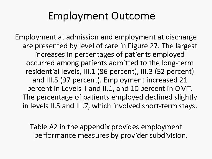Employment Outcome Employment at admission and employment at discharge are presented by level of