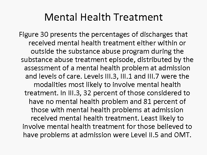 Mental Health Treatment Figure 30 presents the percentages of discharges that received mental health