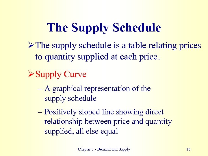 The Supply Schedule Ø The supply schedule is a table relating prices to quantity