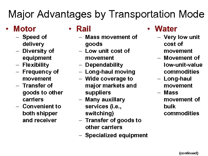 Major Advantages by Transportation Mode • Motor – Speed of delivery – Diversity of