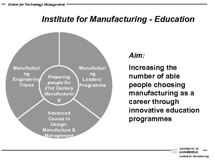 Centre for Technology Management Institute for Manufacturing - Education Aim: Manufacturi ng Engineering Tripos