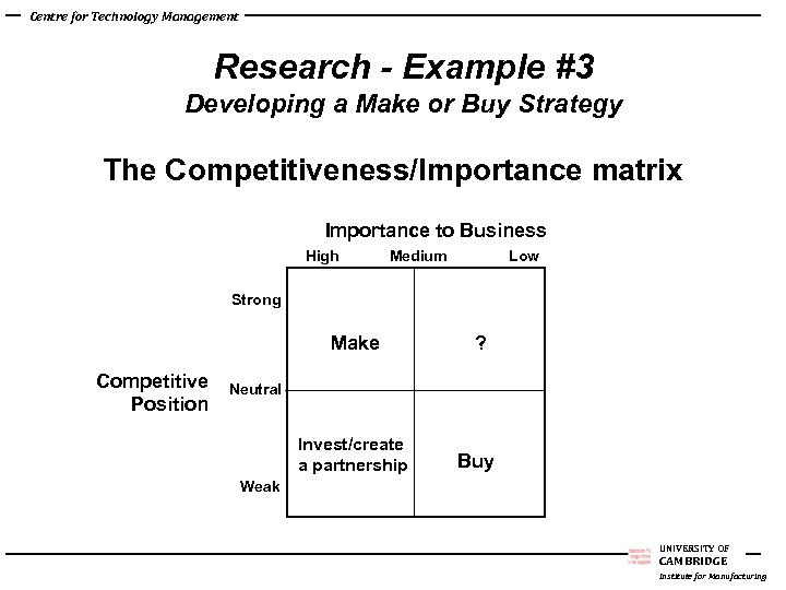 Centre for Technology Management Research - Example #3 Developing a Make or Buy Strategy