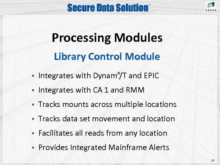 Processing Modules Library Control Module • Integrates with Dynam /T and EPIC • Integrates