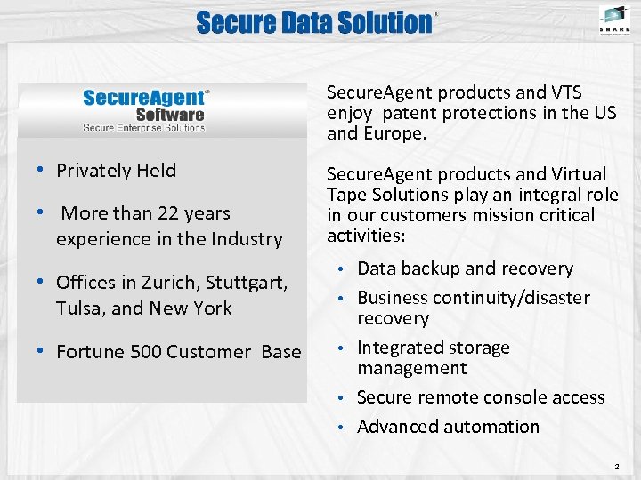 Secure. Agent products and VTS enjoy patent protections in the US and Europe. •