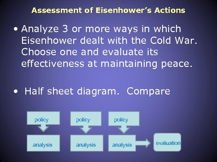 Assessment of Eisenhower’s Actions • Analyze 3 or more ways in which Eisenhower dealt