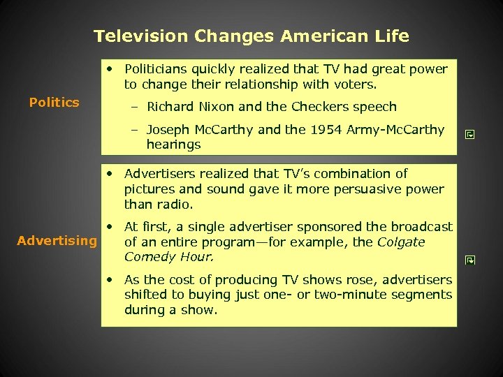 Television Changes American Life • Politicians quickly realized that TV had great power to