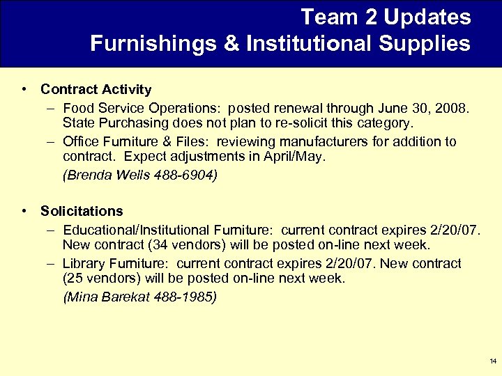 Team 2 Updates Furnishings & Institutional Supplies • Contract Activity – Food Service Operations: