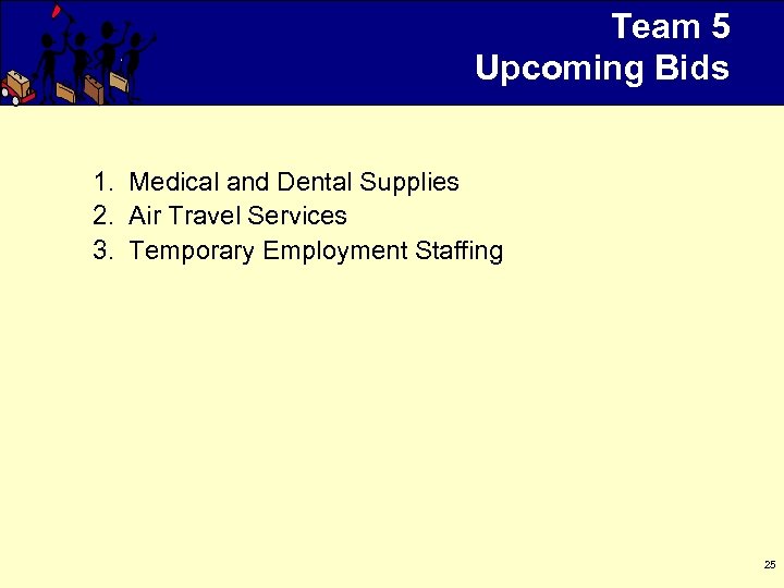 Team 5 Upcoming Bids 1. Medical and Dental Supplies 2. Air Travel Services 3.