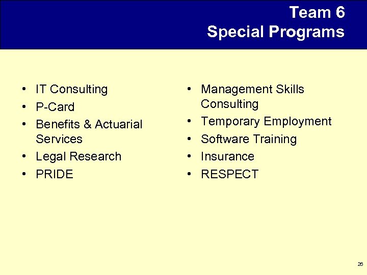 Team 6 Special Programs • IT Consulting • P-Card • Benefits & Actuarial Services