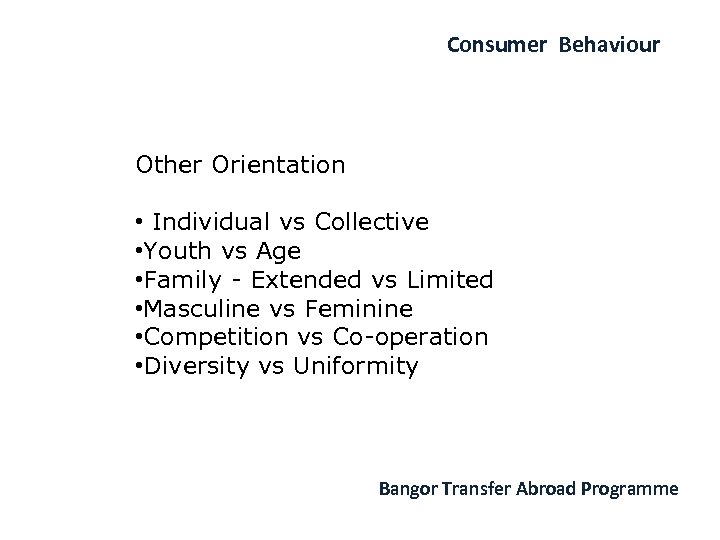 Consumer Behaviour Other Orientation • Individual vs Collective • Youth vs Age • Family