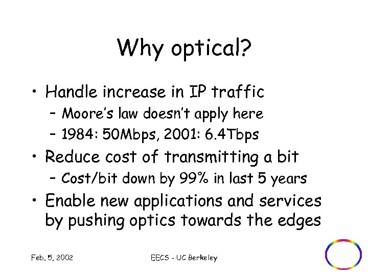 Why optical? • Handle increase in IP traffic – Moore’s law doesn’t apply here