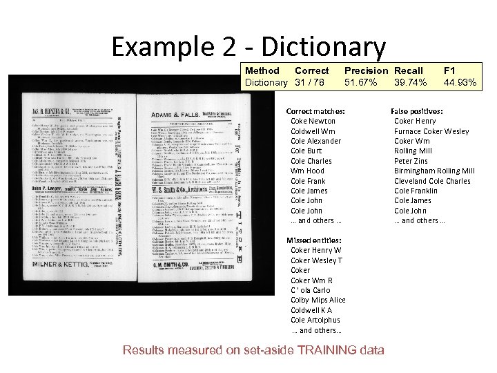 Example 2 - Dictionary Method Correct Dictionary 31 / 78 Precision Recall 51. 67%