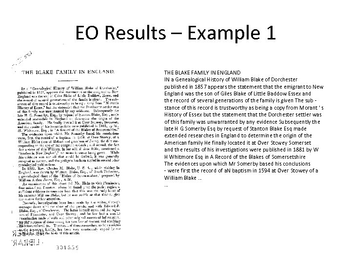 EO Results – Example 1 THE BLAKE FAMILY IN ENGLAND IN a Genealogical History