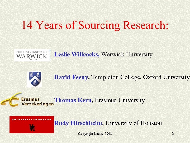 14 Years of Sourcing Research: Leslie Willcocks, Warwick University David Feeny, Templeton College, Oxford